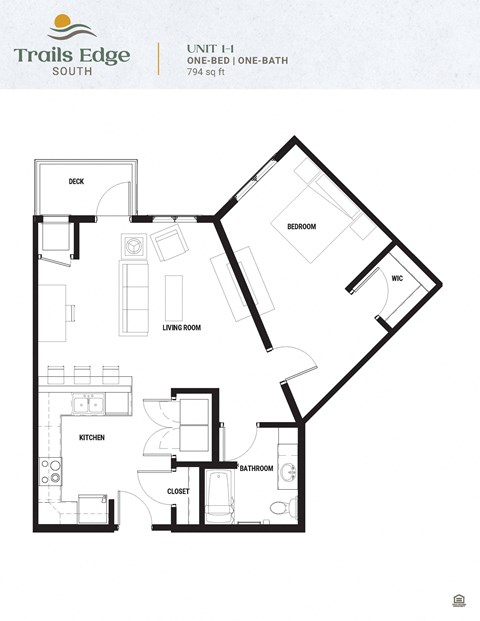 Floor plan for 1 bed, 1 bath, 794 sqft